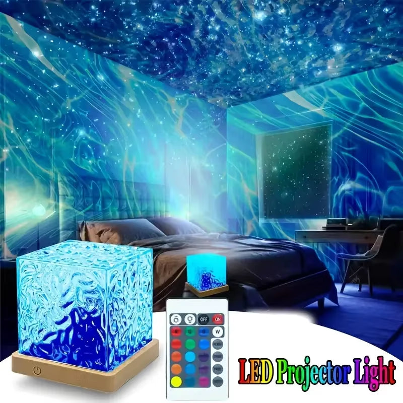 Ocean Wave Projector Light Dynamic Rotating Flame Crystal Lamp Remote 16 Colors Dimmable USB Power Supply Living Room Decor Lamp